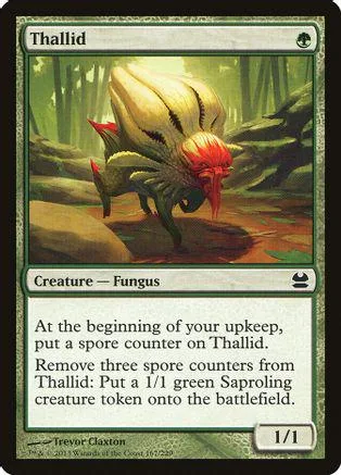 Yellow and red fungus creature on a green forest background, Magic: The Gathering card.