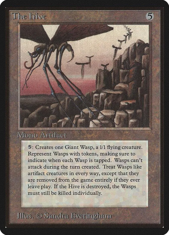 Dark insect creature with long legs over stone ruins on a card.