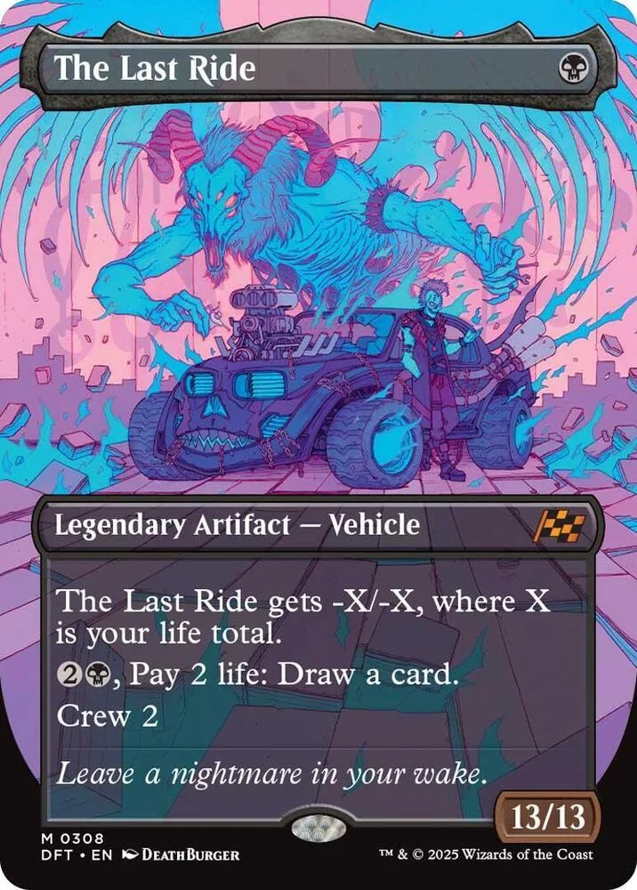 Blue horned creature above a purple vehicle on a card.