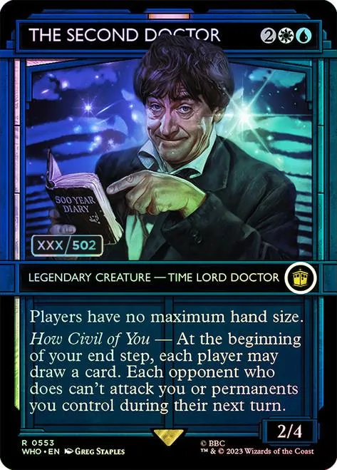 Card featuring a man in a suit pointing, against a starry blue background.