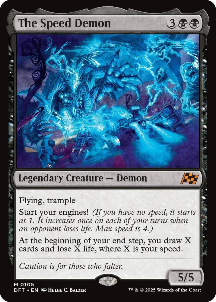 Blue and black demon creature card art, "The Speed Demon," with text box.