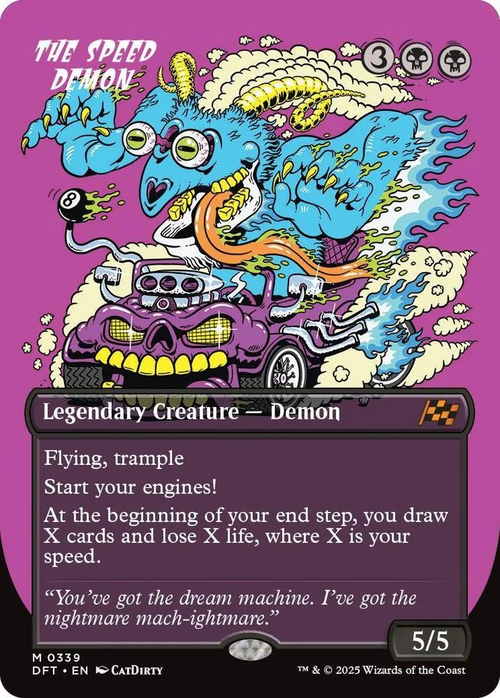 Blue and purple demon creature on a purple card with text.
