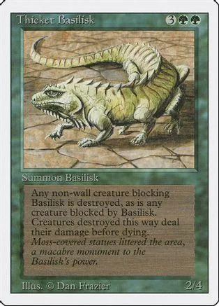Green and tan basilisk creature card art, showing a coiled lizard on brown ground.