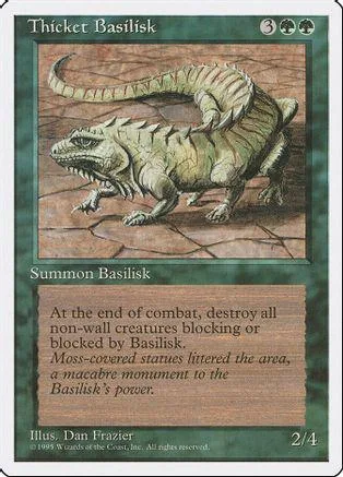 Greenish-tan basilisk creature illustration on a Magic: The Gathering card.
