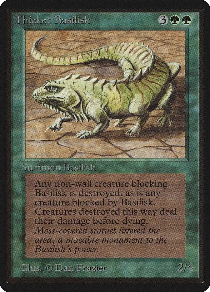 Green lizard creature on a card, Thicket Basilisk, with text and stats.