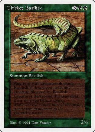 Green lizard creature card art, "Thicket Basilisk," on a white and green card.