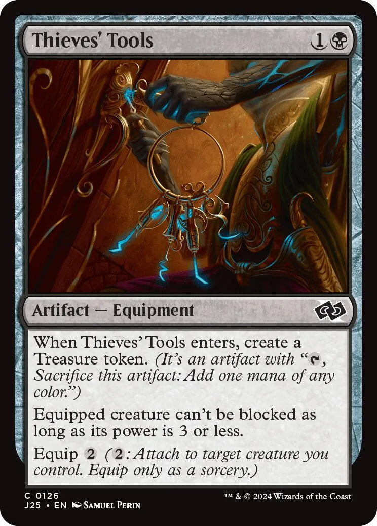 Magic: The Gathering card, Thieves' Tools, dark fantasy art, black and gold tones.