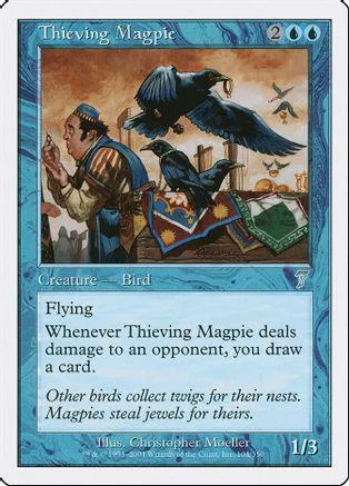 Blue and brown creature card featuring a man and dark birds.