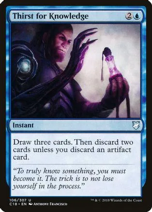 Purple-toned Magic: The Gathering card, "Thirst for Knowledge," featuring a dark-robed figure.