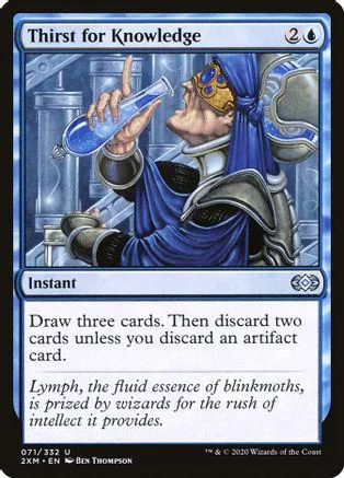 Blue-robed wizard holding blue potion, card art for "Thirst for Knowledge.
