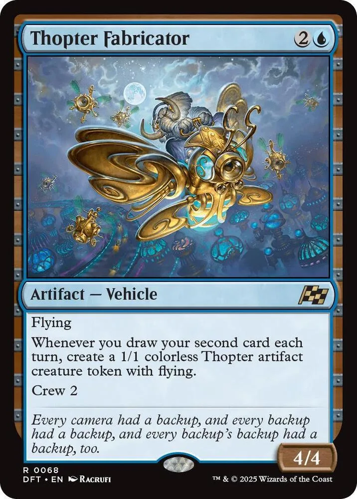 Gold and blue mechanical flying creature on a Magic: The Gathering card.