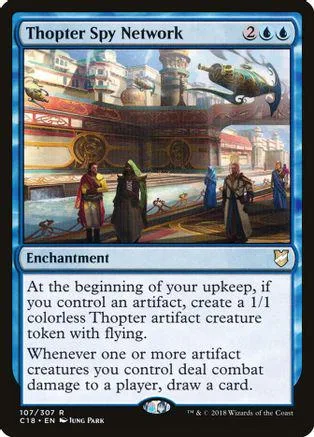 Blue and black Magic: The Gathering card, Thopter Spy Network, in a protective case.