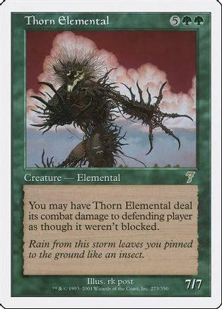 Dark, spiky elemental creature on a red and blue fantasy card.