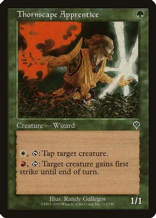 Wizard creature card art: brown-haired figure in robes against fiery and icy background.