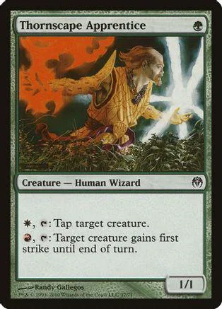 Wizard figure in orange and gold robes on a fantasy landscape card.