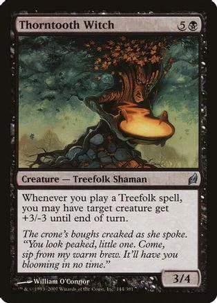 Card art shows a dark, mossy tree with a glowing opening. Thorntooth Witch creature card.