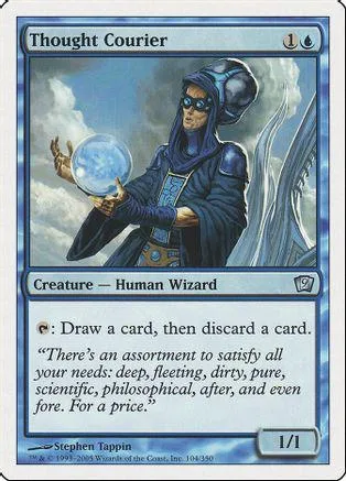 Wizard in blue cloak holding glowing blue orb, Thought Courier card.