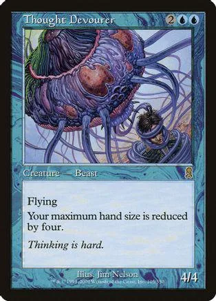 Purple, monstrous creature card art with blue and white text box.