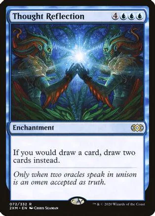 Two blue, horned figures reach toward a bright center on a Magic card.