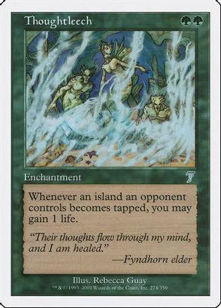 Thoughtleech Magic: The Gathering card art, blue and green fantasy scene.