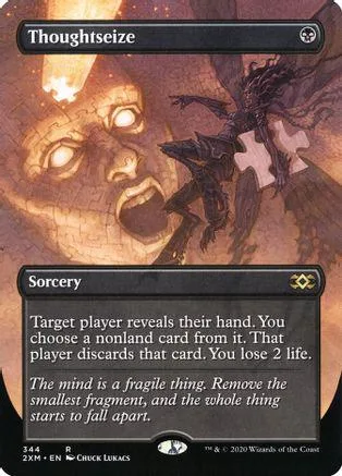 Magic: The Gathering card, Thoughtseize, dark fantasy art, black and orange tones.