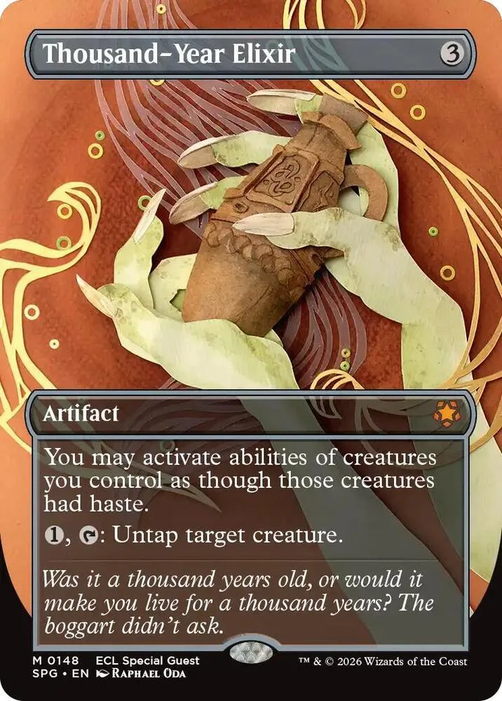 Card art: brown elixir bottle held by pale hands against orange background.