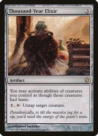 Card art shows figure in woods; text reads "Thousand-Year Elixir.