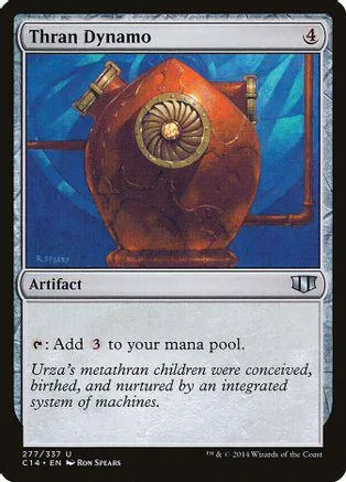 Orange, mechanical artifact card featuring a large, round, steampunk-like device.