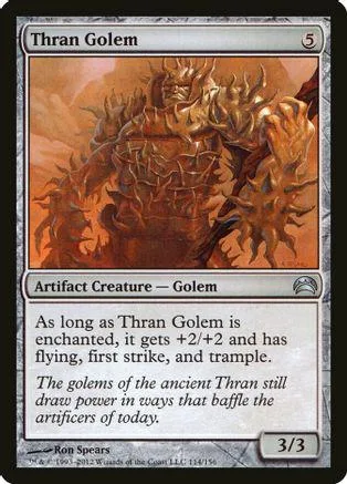 Orange and brown fantasy creature card, Thran Golem, with text box.