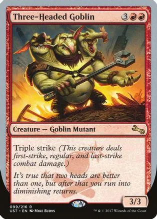 Green goblin creature card with three heads, holding a weapon, on a fiery background.