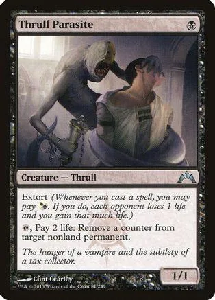 Dark creature and woman on card art. Black and white tones. Thrull Parasite.