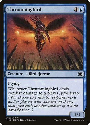 Dark, winged bird creature card with orange, fiery background art.
