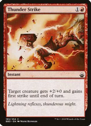 Card art shows fiery, lightning-infused creature attacking. Thunder Strike instant spell.