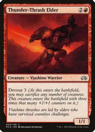 Dark warrior creature on fiery background, black and red card art.