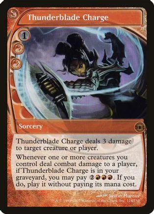 Black and orange Magic: The Gathering card, Thunderblade Charge, showing dark fantasy art.