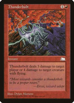 Thunderbolt Magic: The Gathering card, lightning storm over mountains, orange and purple tones.