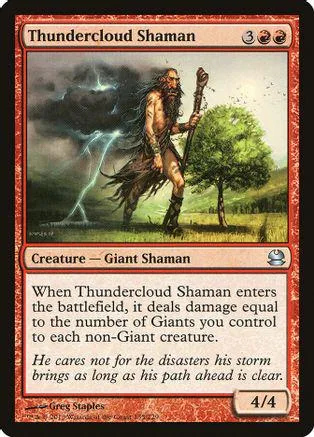 Shaman figure with staff in stormy landscape on a Magic: The Gathering card.
