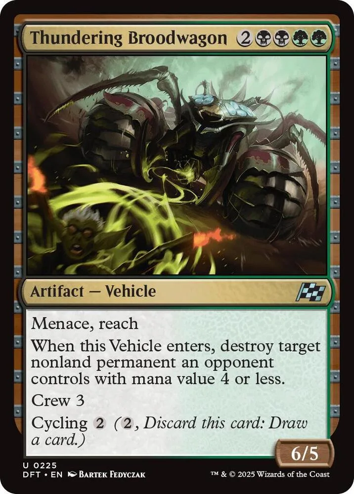 Dark, mechanical creature on a green battlefield card. Black and green colors.