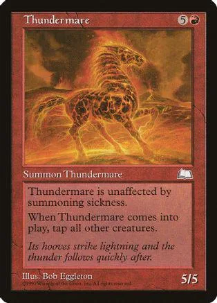 Golden, spotted horse creature on a fiery, orange background card.