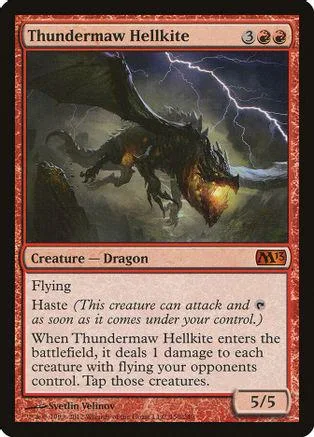 Dark dragon creature card, black and orange tones, showing flying beast.