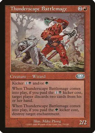 Red and brown wizard figure battling in a forest scene on a Magic card.