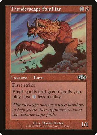 Large, brown, horned creature on a fantasy landscape card. Creature type, ability text visible.