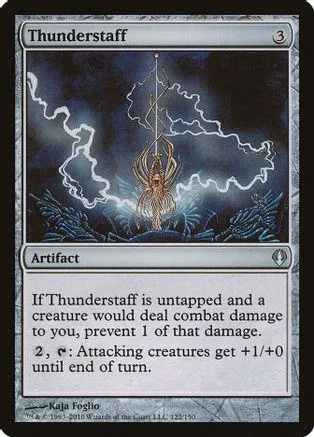 Silver and blue card art of a lightning-struck staff in a dark, stormy sky.