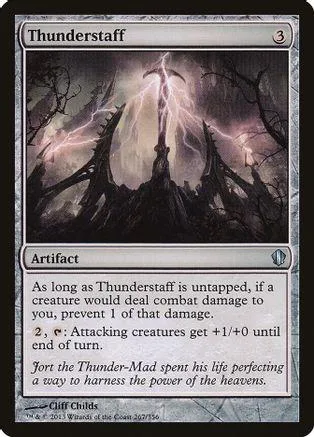 Black and white card art of lightning striking a dark, jagged forest.