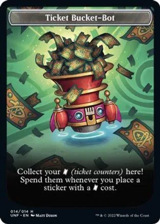 Bucket overflowing with gold coins, green background, Ticket Bucket-Bot card.