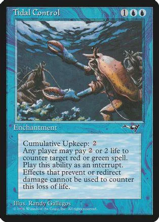 Blue and black Magic: The Gathering card, Tidal Control, underwater scene art.