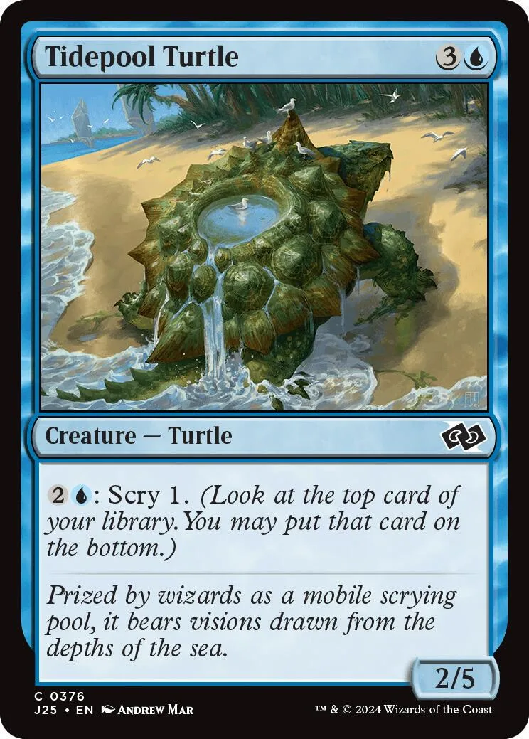 Turtle creature card art: green turtle in sandy, tropical setting.