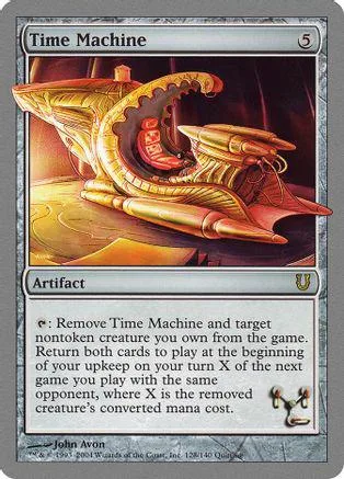 Gold and brown steampunk time machine on a Magic: The Gathering card.