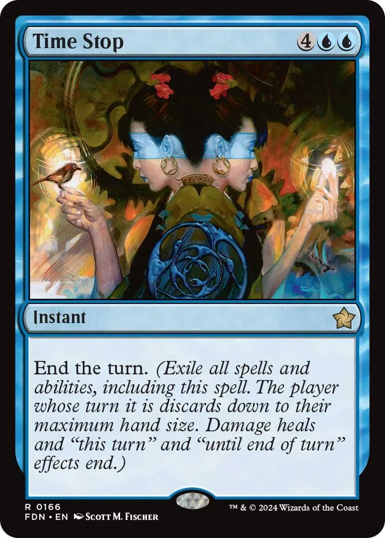 Card art shows woman with dark hair and blue accents, holding a bird and glowing object.