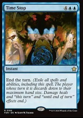Blue and green Magic: The Gathering card, "Time Stop," featuring two figures.